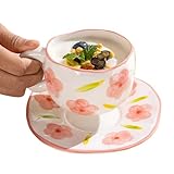 Juego de taza de café de cerámica con platillo, taza de té y platillo - Taza de café con platillo de forma irregular | Taza de café con estampado floral, cuerpo ancho de taza, lindo y creativo D