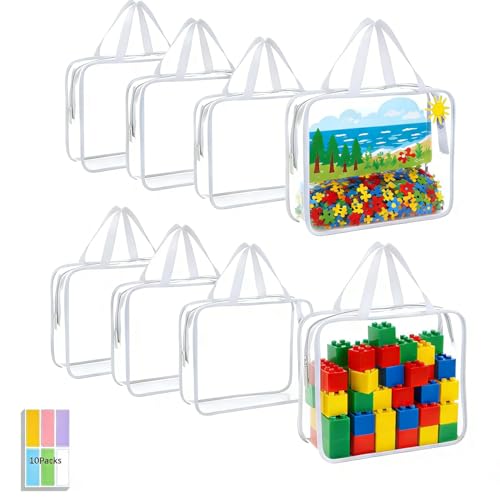 8 Packs Clear Toy Storage Bags - Zippered Toy Storage with Labels, Waterproof Bags for Board Games, Blocks & Books - Reusable Black Organizers for Small Toy Storage (White)