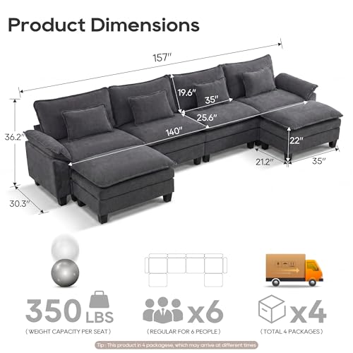 Image of URRED Oversized Modular Sectional Sofa,Dark Gray:157 inch U Shaped