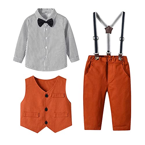 DINGDONG'S CLOSET Baby Kid Boys Gentleman Outfits 3Pieces Suit Set with Vest Detachable Suspenders(Orange, 3T)