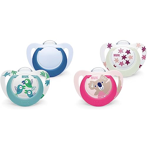 NUK Star Baby Dummy | 18-36 meses | Chupetes de silicona sin BPA | Pájaros azules | 2 unidades & Star Baby Dummy | 18-36 meses | Chupetes de día y noche | Silicona sin BPA | Koala rosa | 2 unidades