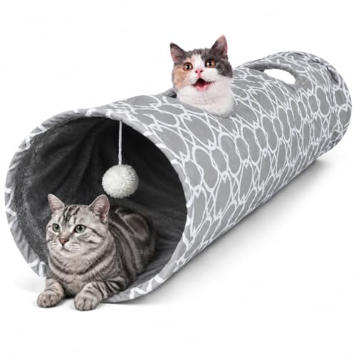Image of Geometric Straight Cat Tunnel with Plush Inside,Cats Toys Collapsible Tunnel Tube with Balls, for Rabbits, Kittens, Ferrets,Puppy,Diameter 11.8 Inch