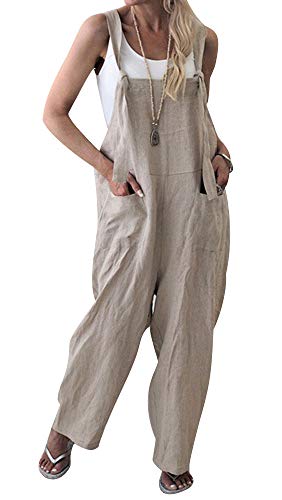 Women's Jumpsuits, Casual Long Rompers Wide Leg Baggy Bibs Overalls Harem Pants - Plus Cotton Linen Jumpsuits Black (A# Apricot, XL)