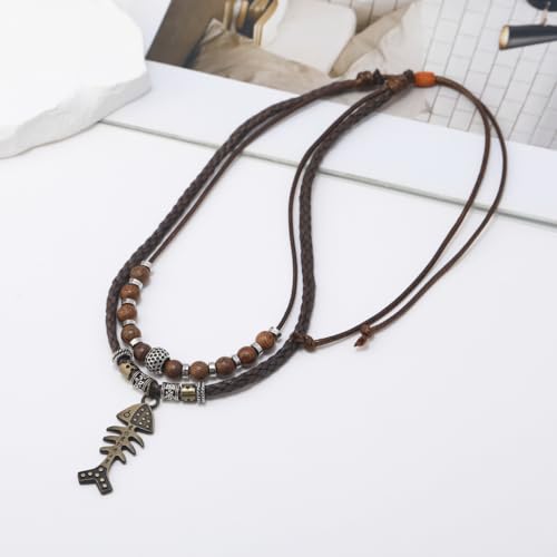 Leather Men Necklace Double Layers Braided Tribal Vintage Style Necklace Boho Hipppie Beaded Artificial Fish Bone Pendant Necklace for Christmas Gift4