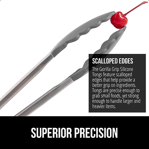 Image of GORILLA GRIP Stainless Steel Heat Resistant Kitchen Tongs for Cooking, Set of 2 BBQ Tong, Non Scratch Silicone Tip for Pans, Strong Grip, Grab Food, Toss Salad, Air Fryer, Pull Lock, 7 + 9 Inch, Gray