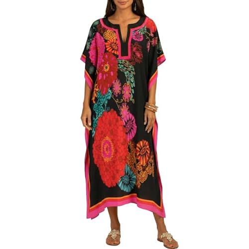Bsubseach Women Plus Size Kaftan Dress Swimsuit Cover Up Caftan Maxi Beach Dresses Cover Ups One Size C-black Flower