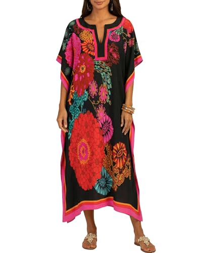 Bsubseach Femme Caftan Robe Cache Maillot de Bain Kaftan Maxi Longue Tunique Bohème Boho Eté Djellaba Kimono Fleur Noire