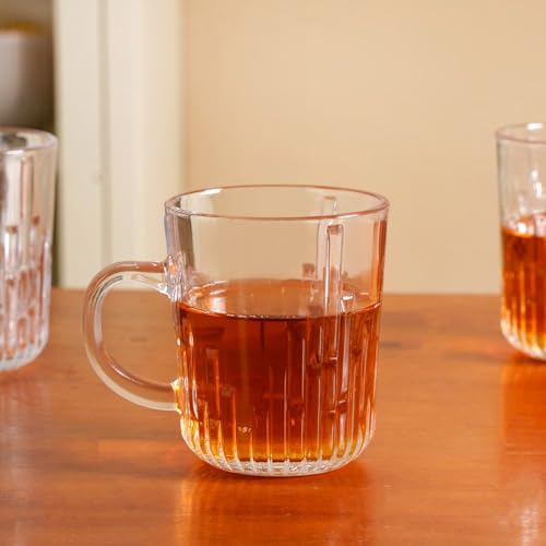 Image of Nestasia Set of 6 Transparent Glass Tea Cups (230ml Each) - Stripped Textured Durable & Chip-Resistant Coffee Mugs | Perfect for Coffee, Tea, Hot & Cold Beverages