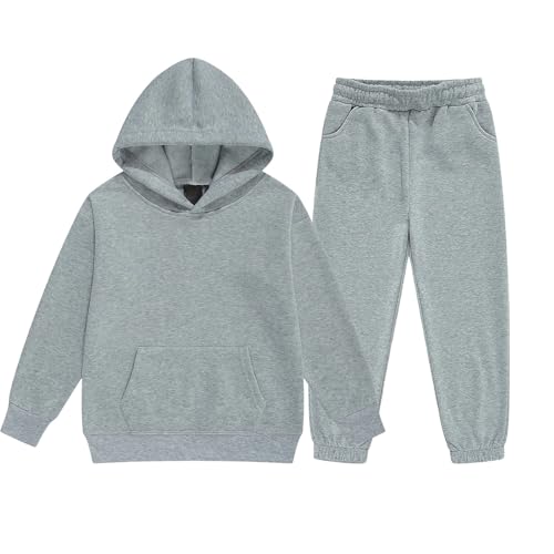 Tracksuit Full Set for Kids 2 Piece Oversized Outfit Girls Boys Long Sleeve Hooded Sweatshirts and Loose Sweatpants Bottom Jogging Pants Fall Winter Streetwear (Grey, 12-13 Years)