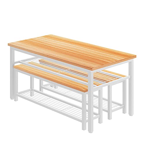 Awqm Kitchen Table Set With 2 Benches 4 Person Dining Room Table Set With Storage Rack For Home Kitchen, Dining Room, Restaurant, Space Saving, Black, 43.3''L X28.7''W X28.7''H, Oak #TOP7
