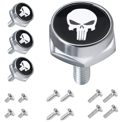 License Plate Screws Fastener Kit, 4 PCS License Plate Screws with Covers for Fastening License Plates or Frames of Most Cars, Trucks and Motorcycles (Silver Skull)
