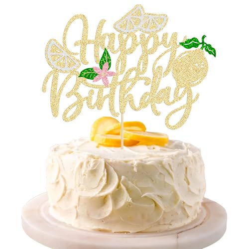Gyufise 1Pc Lemon Happy Birthday Cake Topper Assembled Glitter Fruit Theme Lemonade Party Cake Pick Decorations for Lemon Theme Baby Shower Kids Boys Girls Birthday Party Supplies Yellow