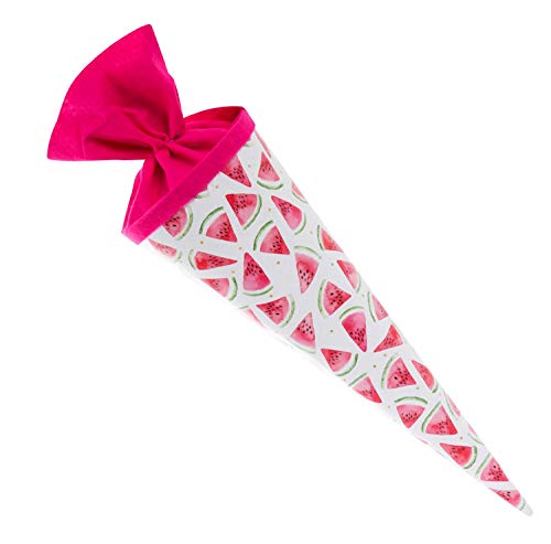 goldbuch 93 426 Geschwistertüte Melone, Schultüte mit Melonenmuster, Lackkarton, Geschenkverpackung mit pinkem Filzverschluss (ohne Verschlussband), Zuckertüte rund, Länge 35 cm, Ø 11,5 cm, Weiß