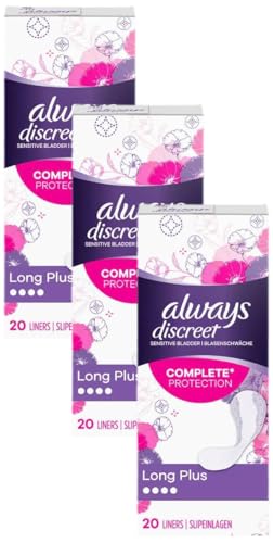 Always Discreet Incontinence Liners for Women, High Absorbency, Thin and Flexible, for Sensitive Bladder (Pack of 3, 20 Liners Each)
