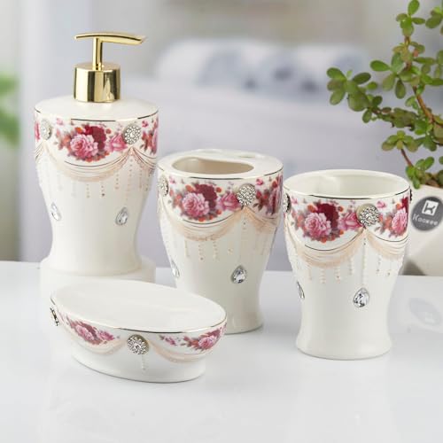 Image of Kookee Ceramic Bathroom Accessories Set, 4 Piece Bath Kit with Soap Dispenser, Toothbrush Holder, Tumbler & Soap Dish | Luxury Home & Guest Bathroom Decor, White (10477)