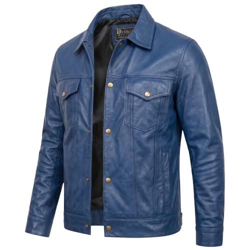 Image of Vintage Style Trucker Leather Jacket Men Real Lambskin Vintage Trucker Shirt Collar Mens Leather Jackets