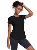 Deaviya Sport T-Shirt Damskie, Krótki Rękaw Kobiety, Luźna, Treningowa Bluzka Z Okrągłym Dekoltem Atletycka, Casual, Do Biegania, Jogi, Fitness, T-Shirty Z Bocznym Rozcięciem Tee, Czysty czarny, 3XL