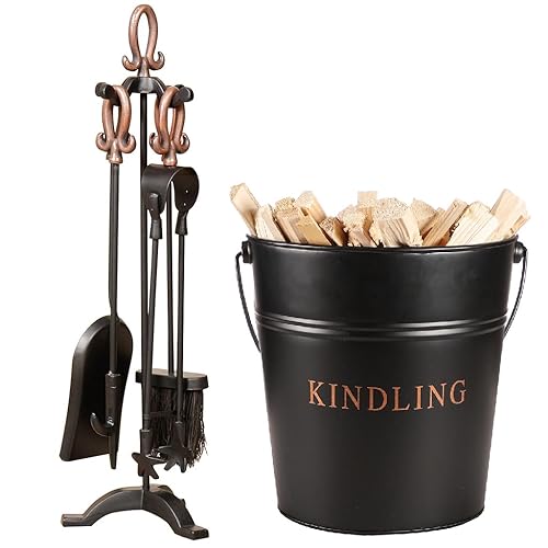 Copper Fireplace Companion Tool Accessories Set & Black Kindling Firewood Log Bucket