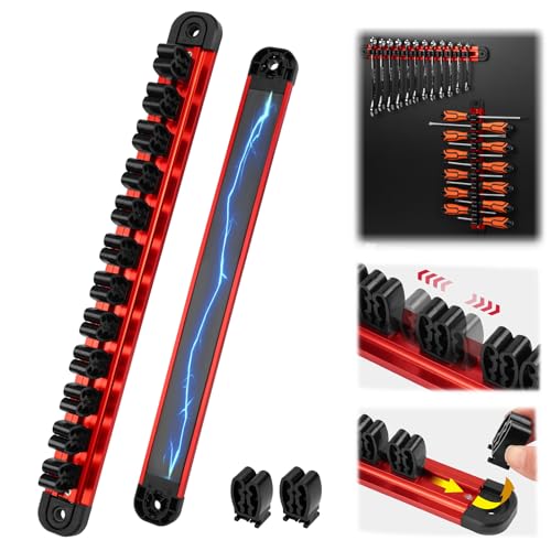 SEDY Magnetic Screwdriver Organizer and Wrench Organizer 14-Slot Screwdriver and Wrench Holder Magnetic Aluminum Rail Tool Organizer for Tool Box Drawer Wall-Mount Storage Red (Tools not Included)