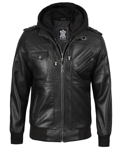 Image of fjackets Men Hooded Leather Jacket - Real Lambskin Men's Bomber Leather Jackets with Detachable Hood Stylish Casual Outerwear