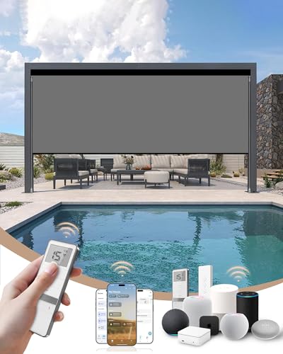 Image of Kincmo Motorized Outdoor Shades for Patio Porch, Custom Outdoor Motorized Blinds with Remote, Waterproof & Windproof Patio Shades Work with Apple Home,Alexa,Google (Medium Grey-0% Openness)