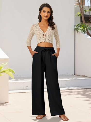 FireSwan Womens Palazzo Pants Casual Drawstring Flowy Pants Wide Leg Summer Beach Linen Trousers with Pockets2