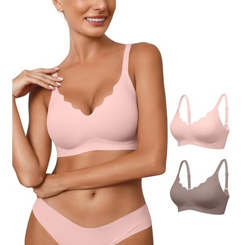 Womens Seamless Bras No Underwire Wireless Push Up Full Coverage Bra Scalloped V Neck T-Shirt Bra Comfort Bralettes Gray+pink Large