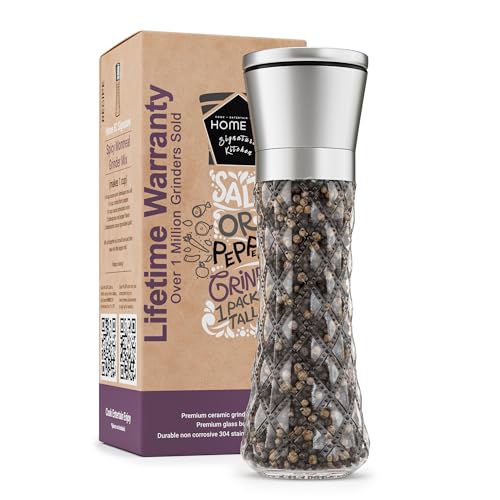 Image of HOME EC Original Stainless Steel Salt or Pepper Grinder 1pk - Adjustable Ceramic Sea Salt Grinder or Pepper Mill - Tall Glass Spice Shaker - Spice Mill (Diamond Facet)
