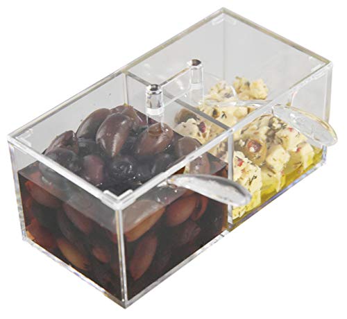HOME-X Dual Compartment Condiment Holder, Garnish Tray with Lid and Matching Spoons