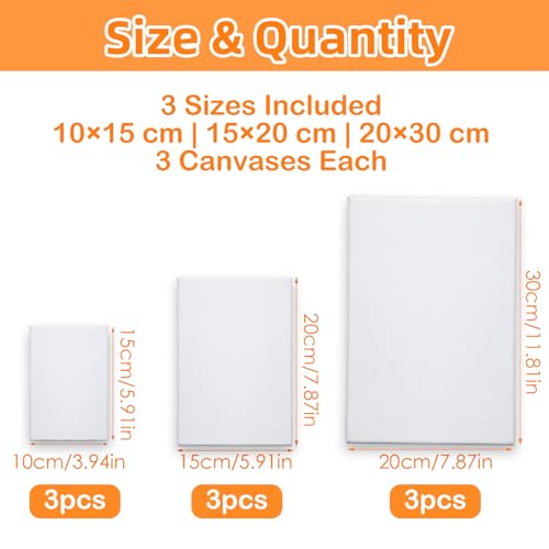 Leinwand Set zum Bemalen, 9 Keilrahmen Leinwände in 3 Größen 10x15, 15x20, 20x30 cm, 280 g/m², 3-fach grundiert, säurefreie Baumwolle, für Acryl, Öl, Gouache, Künstler & Anfänger