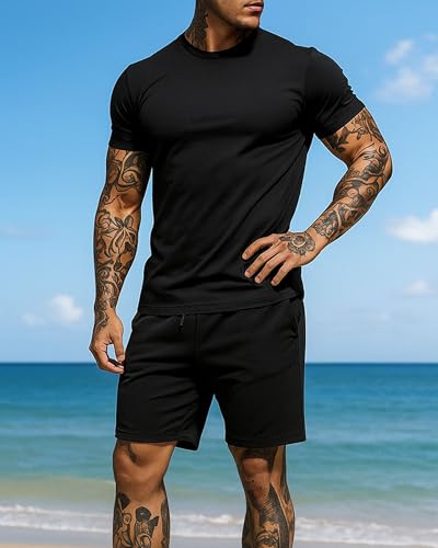 Mens 2 Piece Outfits Tracksuit Solid Color Short Shirt and Sport Shorts