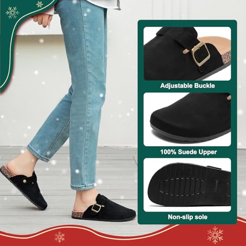 Women's Suede Clogs Mens Leather Mules Comfort Cork Footbed Antislip House Sandals Arch Support Potato Shoes with Adjustable Buckle3