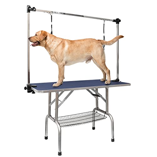 Image of ROOMTEC 46 inch Dog Grooming Table,Foldable Home Pet Bathing Station with Adjustable Height Arm /Noose /Mesh Tray