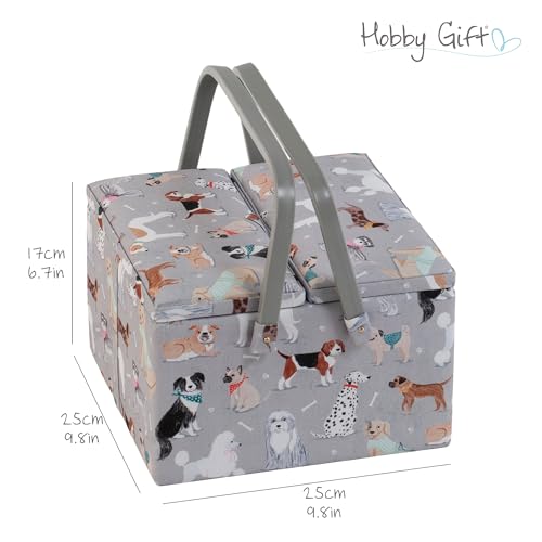 Hobby Gift Ekskluzywne duże pudełko do szycia z podwójną pokrywą, pudełko do przechowywania rękodzieła, taca na akcesoria, poduszka na szpilki, uchwyty pcv, 25 x 25 x 17 cm, szare psy