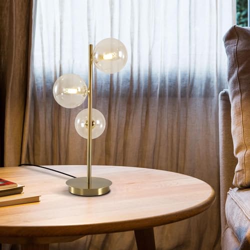 Image of Gold Globe Bedside Lamp, 3 Lights Mid Century Modern Table Lamp, Contemporary Cognac Glass Globe Readin Lamp for Bedroom Living Room Study Room
