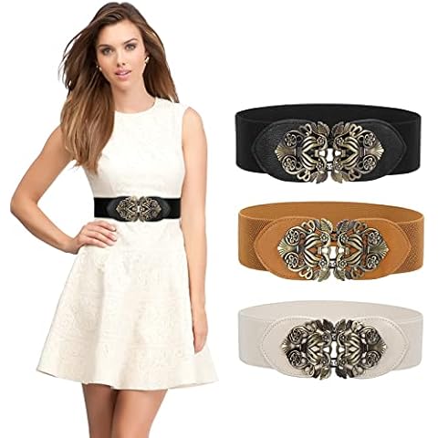 LEACOOLKEY 3 Pack Women’s Wide Elastic Waist Belt Stretchy Waistband Cinch Belt for Dress Jumpsuit Long shirt (Suitable for waist 33"-39",Black+Brown+Beige) Cover
