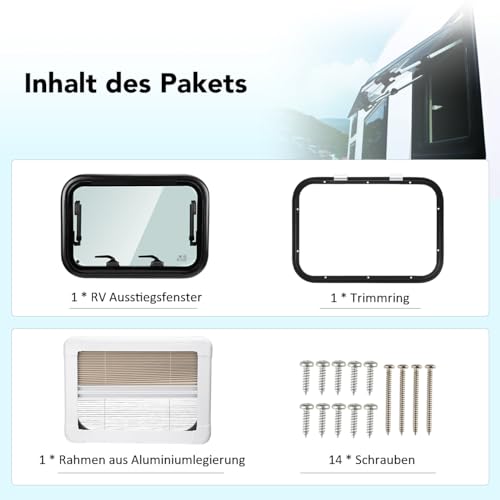 GEARMONSTER Ausstellfenster Wohnmobilfenster 500x350mm Seitenfenster Wohnmobil Fenster mit integriertem Rollo und Fliegengitter RV Externes Push Fenster für Wohnwagen Van Camper