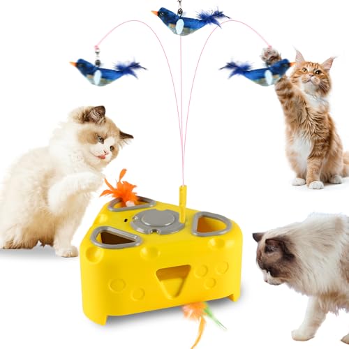 VICTERR Giochi Interattivi per Gatti, con Uccello Volante, 6 Buche Talpa e Piume Rotanti, Ricaricabile USB - Gioco Elettronico per Gatti Adulti e Cuccioli da Interno Giallo