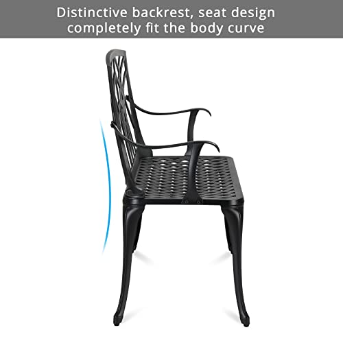 Vingli 38" Outdoor Garden Orchid Bench, Black Cast Iron Cast Aluminium Solid Frame，Accented Yard Front Porch Patio Outside Park Decor Deck Furniture For 1-2 Person Seat #TOP6