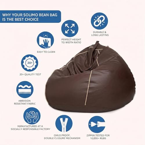 Image of Amazon Brand - Solimo 5XL Premium Faux Leather Bean Bag Filled with Beans for Living Room | Capacity Upto 6'7 inch Height & 130 Kg Weight | Pre-Filled Bean Bags for Office Use (Brown with Beige Piping)