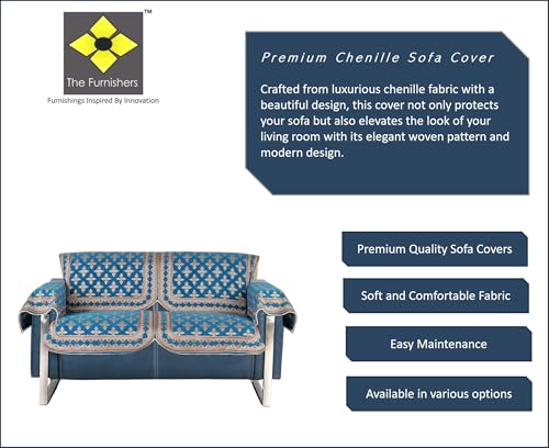 Image of Premium Chenille Woven Anti-Slip 2 Seater Sofa Cover with Arm Rest | L-Shape Sofa Seat Protector for Living Room | Durable & Stylish Slipcover - Turquoise - Floral