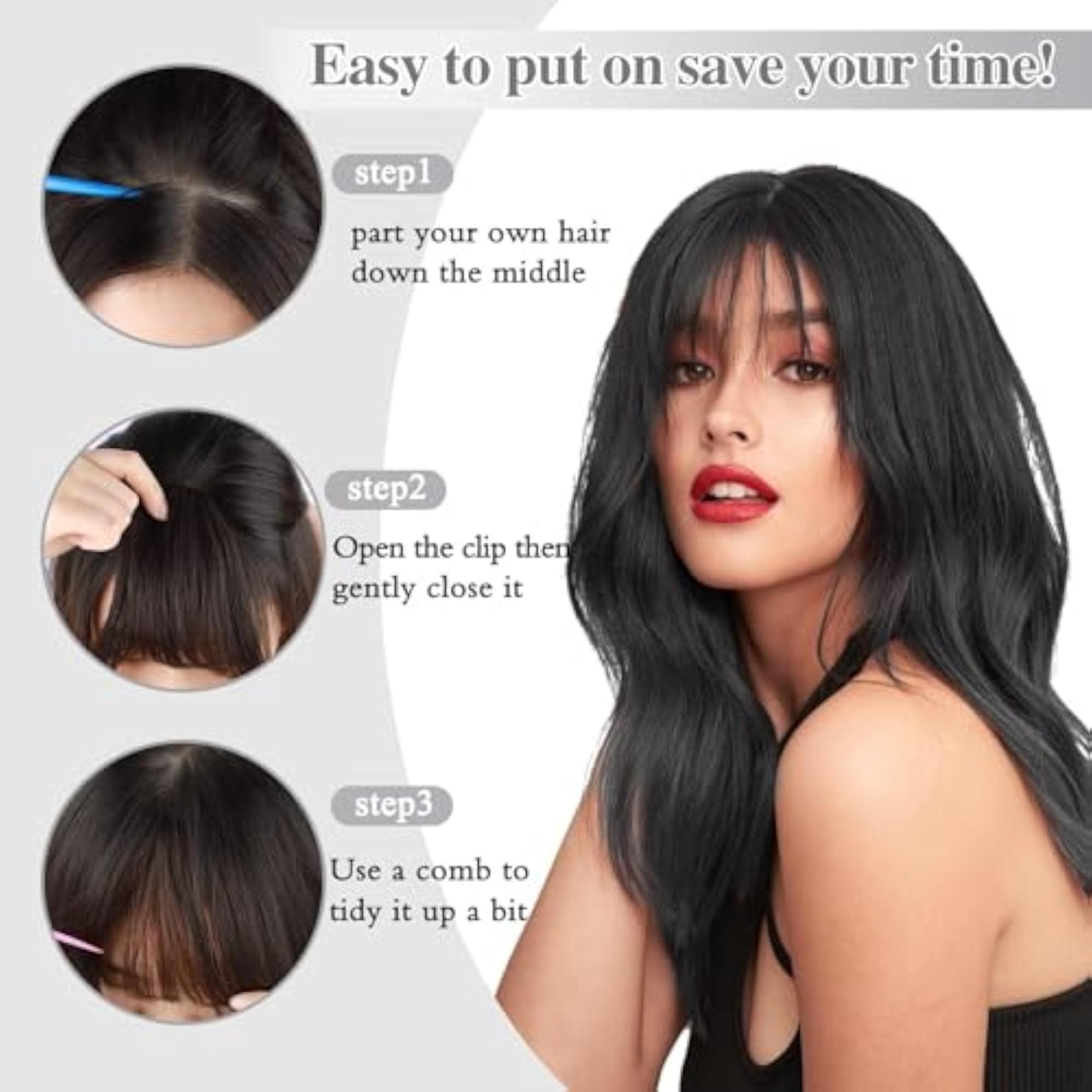 Women's Front Bangs Clip-On Hair Extensions, Black Color