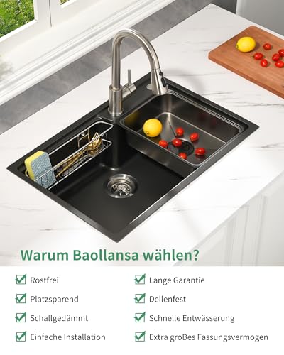 Miniatura 5 de Baollansa Fregadero De Cocina De Acero Inoxidable 68x46 Cm, 1 Cubeta Con Sifón, Desbordamiento Y Accesorios De Vaciado, Fregadero Moderno Multifuncional Negro Para Encimeras 80 Cm Gris Negro