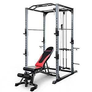 Vanswe Power Rack 1300-Pound Capacity 2×2.75 Inch Steel Olympic Power Cage Home Gym Equipment Squat Rack Cage with Weight Bench, LAT Pull Down Attachment and J-Hooks