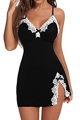 Aranmei Women Sexy Lace Chemise Nightgown Sleepwear V Neck Full Slip Babydoll Lingerie Sleep Dress(Black Small) #TOP1
