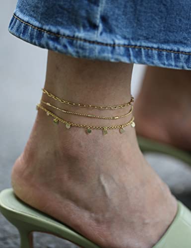 Chain Gold Ankle Bracelets For Women 14K Gold Plated Anklet Rose Gold Bead Tube Chain Anklet Round Coin Disc Handmade Paperclip Chain Dainty Layered Anklet Set 3Pcs #TOP3