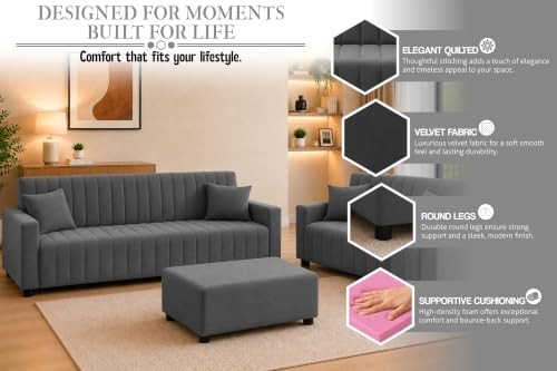 Image of Rosebell 3+2 Fabric Sofa Set with Ottoman | Premium Upholstery 5 Seater Sofa | with Printed Cushions | Living Room Furniture | - Grey Color