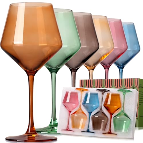 ELERGIFTS Set of 6 Hand Blown Colored Wine Glasses 18oz