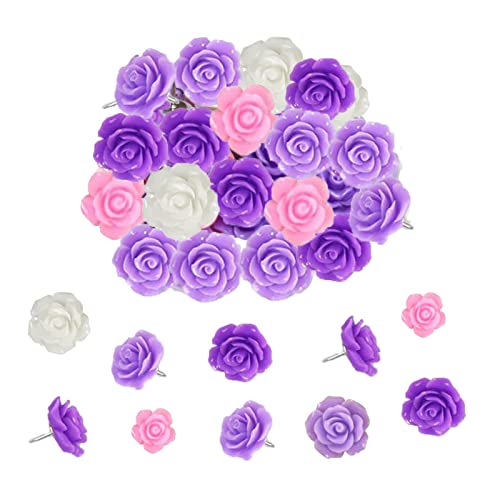Lulusnie 40Pcs Rose Push Pins Decorative Thum Tacks For Office Home Cork Board, Bulletin Board, Purple Rose #TOP27