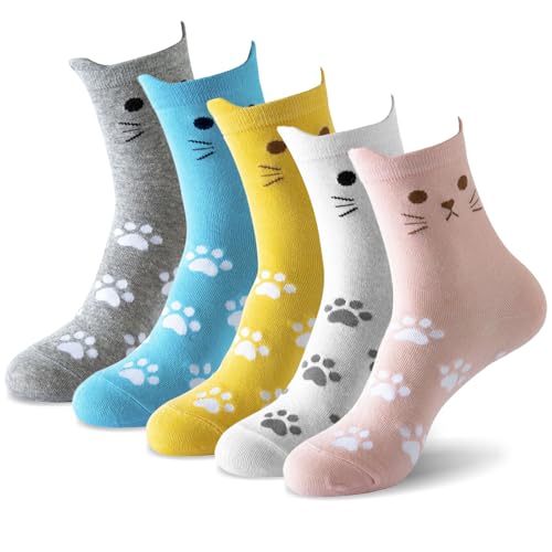 KATIMI 5 Pairs Cat Socks, Cotton Thermal Socks Women, Comfortable Womens Socks Colorful, Animal Themed Cute Patterns, Christmas Gifts and Birthday Gifts for Women ＆ Teenage Girls